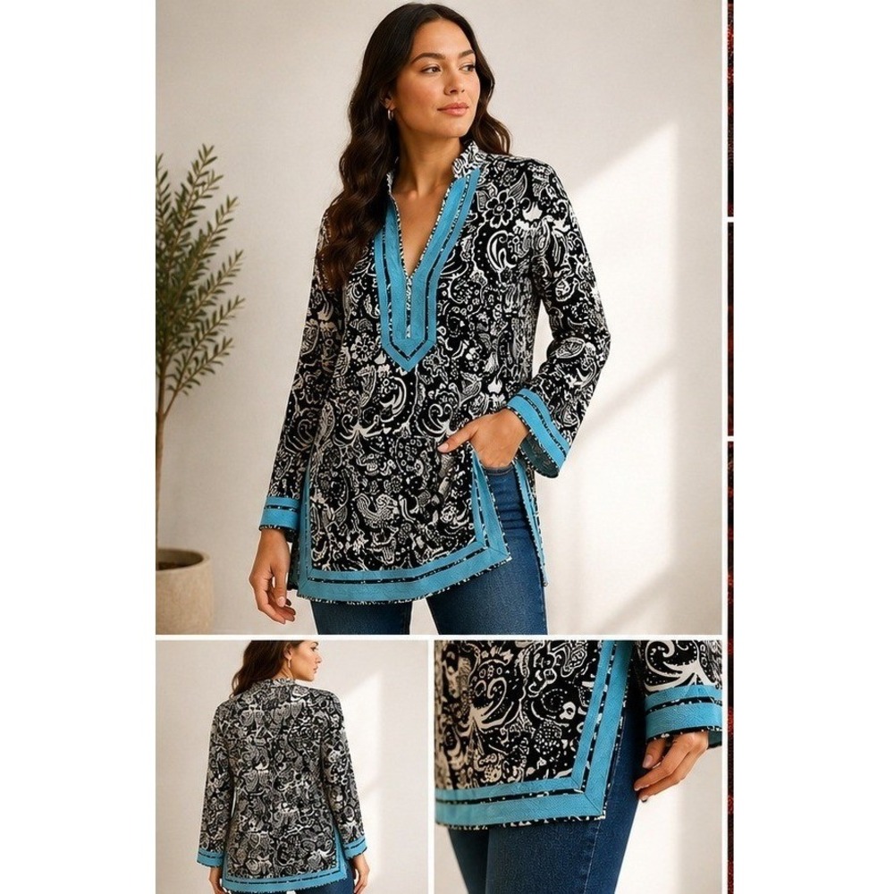 Island Republic Tunic Women M Resort Coastal Paisley Floral Blue Trim V-Neck Top